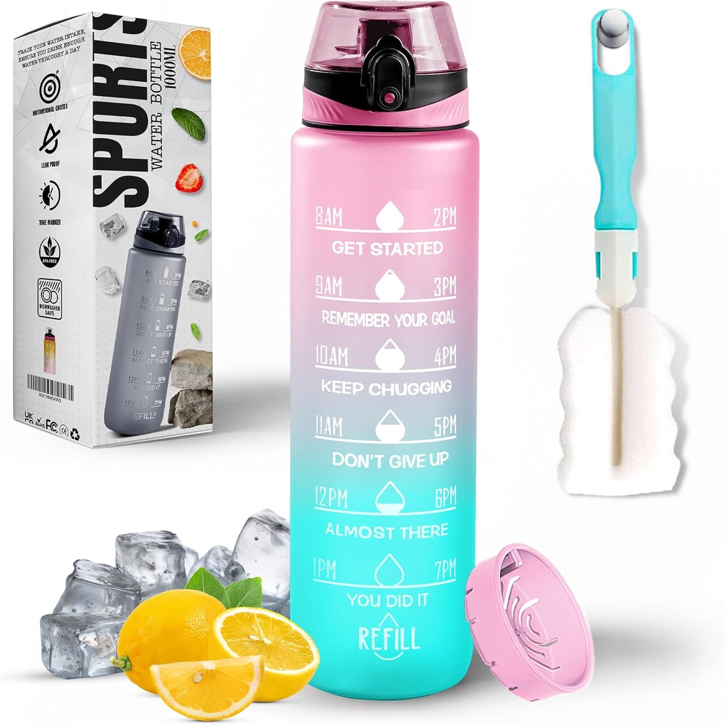 K-MART 1000ml Water Bottle with Time Marking, and 32OZ Capacity - Motivational and Eco-Friendly BPA-Free Bottle for Running, Gym, Yoga, Outdoors, and Camping