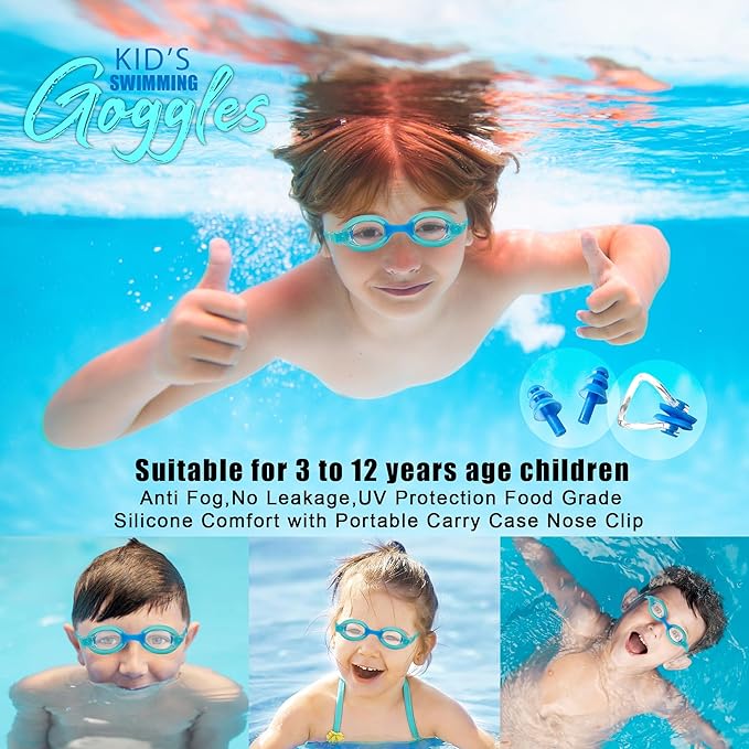 K-MART Kids Swimming Goggles for Boys Girls Anti Fog No Leakage UV Protection Childrens Swimming Goggles Food Grade Silicone Comfort with Portable Carry Case Nose Clip (Age 3-12)