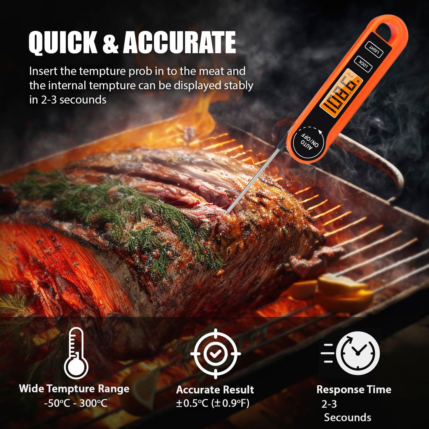 Meat Thermometer with Foldable Food Temperature Probe, Waterproof Food Thermometer with Backlight LCD Screen & Auto On/Off, Cooking Thermometer for Meat, BBQ, Water, Milk, Cooking Food