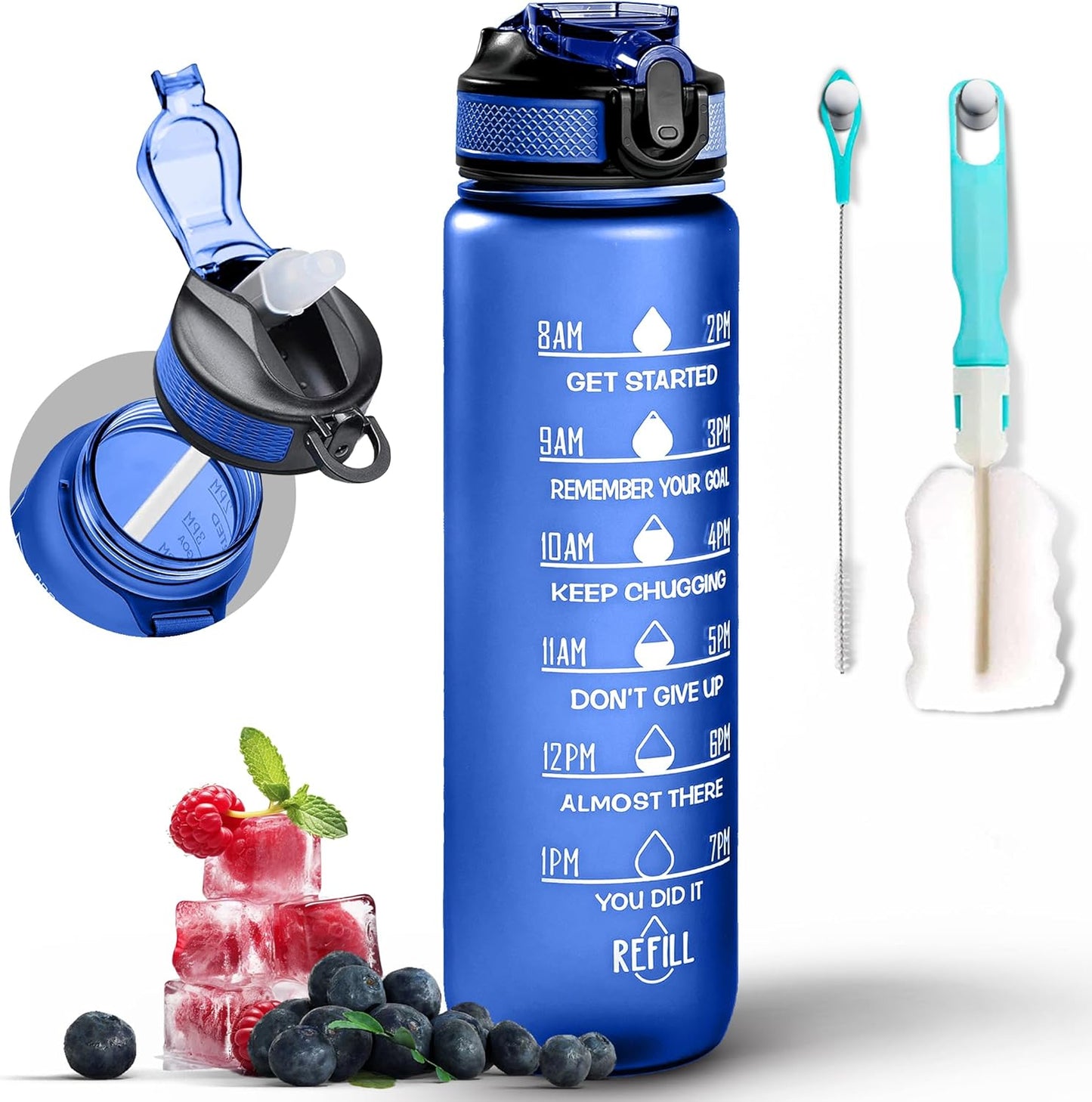 K-MART Water Bottle 1000ml Sports Water Bottle with Motivational Time Marker & Straw, Dishwasher Safe Leak-proof Drink Bottle BPA Free Non-Toxic Tritan Material 1 Click Open for Running Gym