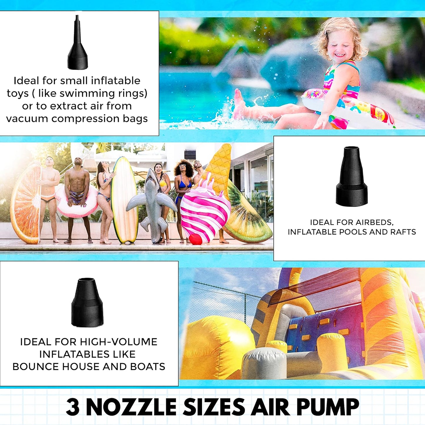 K-Mart Electric Air Pump with 3 Nozzles/Inflate Or Deflate Swimming Ring, Airbeds, Paddling Pools & Other Toys / AC110-240V/ DC12V/50W